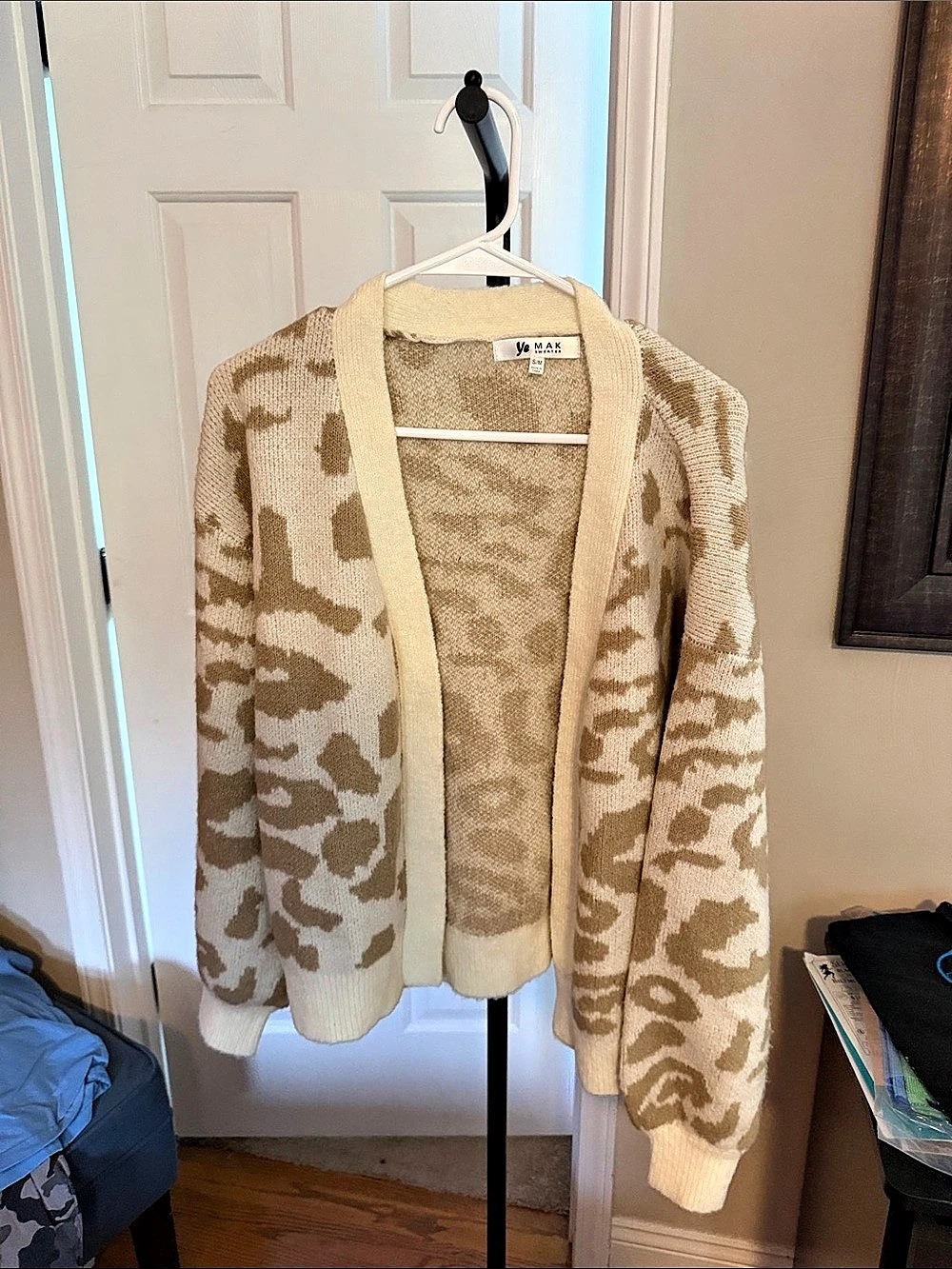 YEMAK Women's Chunky Leopard Print Open Front Long Sleeve Jacket Sweater